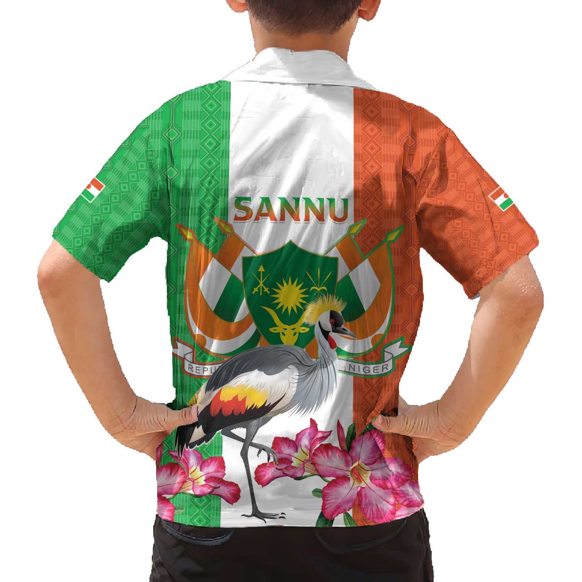 Niger Black-Crowned Crane Family Matching Off The Shoulder Long Sleeve Dress and Hawaiian Shirt Coat Of Arms - Kente Pattern - Wonder Print Shop