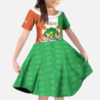 Niger Black-Crowned Crane Family Matching Off The Shoulder Long Sleeve Dress and Hawaiian Shirt Coat Of Arms - Kente Pattern - Wonder Print Shop