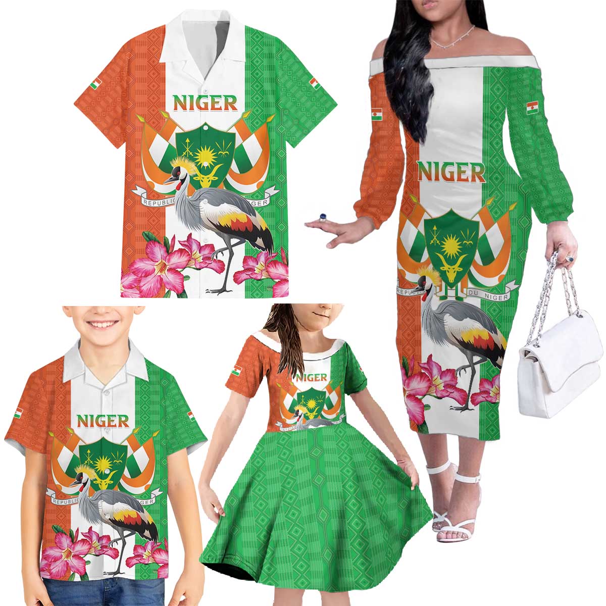 Niger Black-Crowned Crane Family Matching Off The Shoulder Long Sleeve Dress and Hawaiian Shirt Coat Of Arms - Kente Pattern - Wonder Print Shop