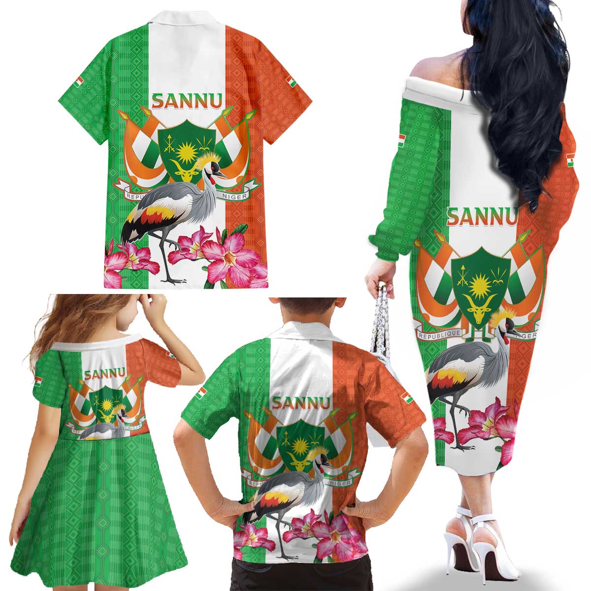 Niger Black-Crowned Crane Family Matching Off The Shoulder Long Sleeve Dress and Hawaiian Shirt Coat Of Arms - Kente Pattern - Wonder Print Shop