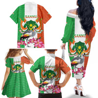 Niger Black-Crowned Crane Family Matching Off The Shoulder Long Sleeve Dress and Hawaiian Shirt Coat Of Arms - Kente Pattern - Wonder Print Shop
