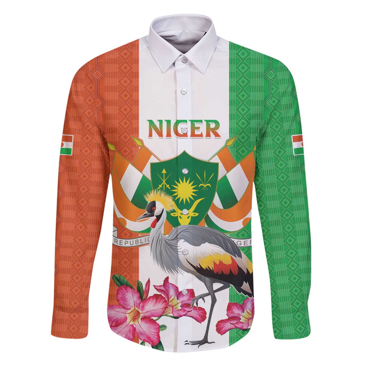 Niger Black-Crowned Crane Family Matching Off The Shoulder Long Sleeve Dress and Hawaiian Shirt Coat Of Arms - Kente Pattern - Wonder Print Shop
