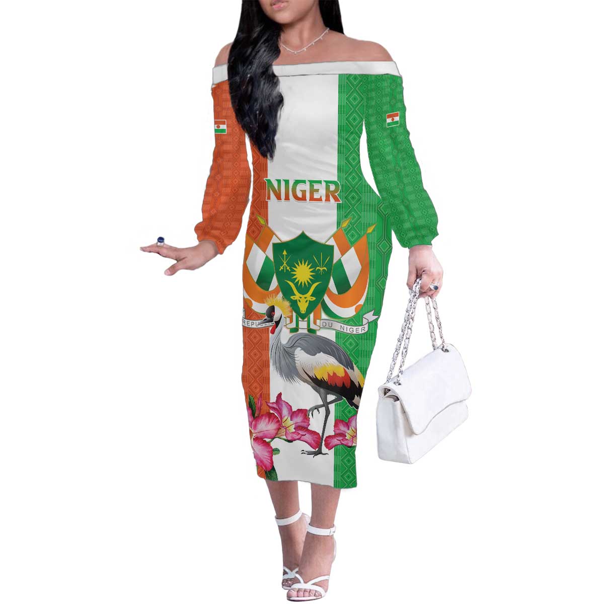 Niger Black-Crowned Crane Family Matching Off The Shoulder Long Sleeve Dress and Hawaiian Shirt Coat Of Arms - Kente Pattern - Wonder Print Shop