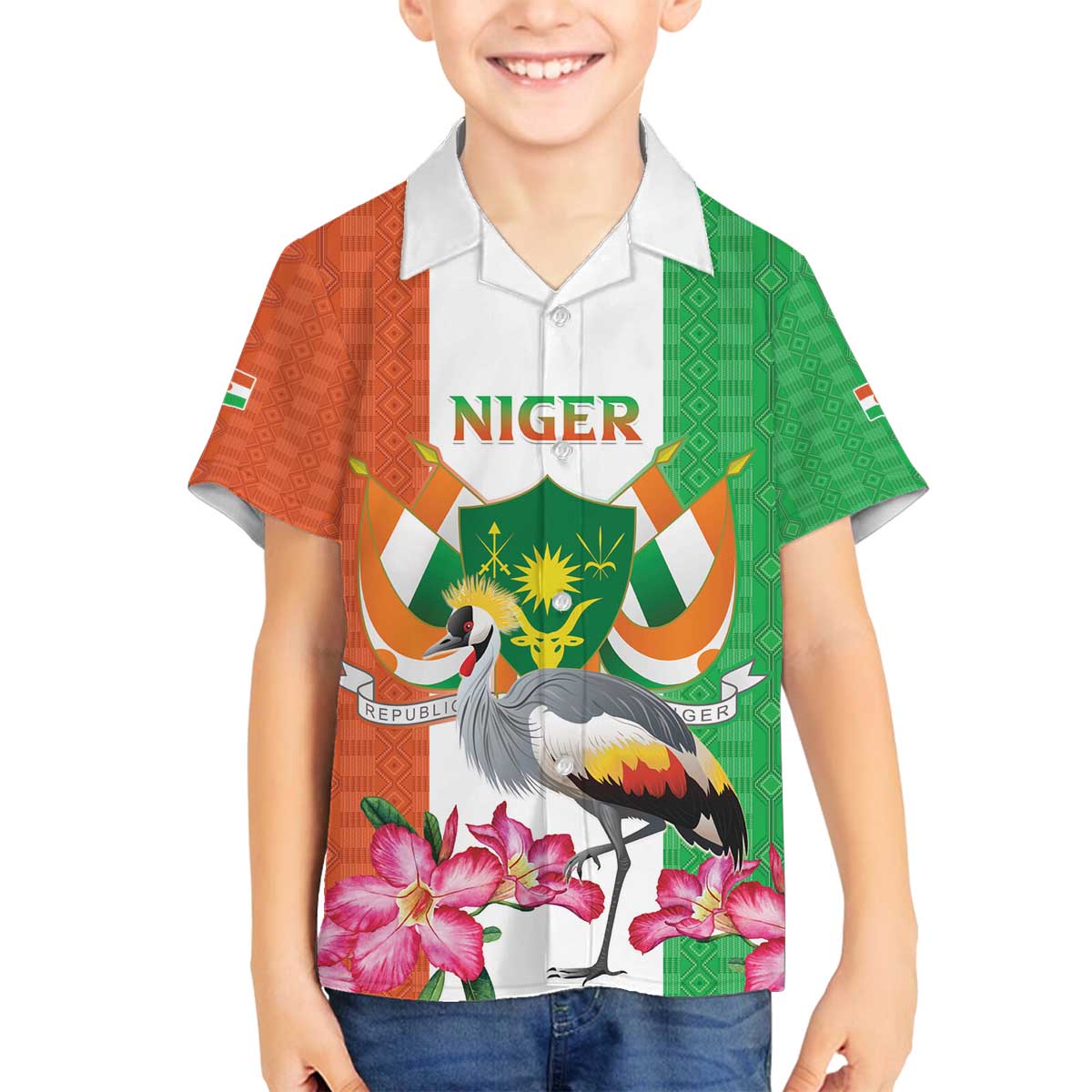 Niger Black-Crowned Crane Family Matching Off The Shoulder Long Sleeve Dress and Hawaiian Shirt Coat Of Arms - Kente Pattern - Wonder Print Shop