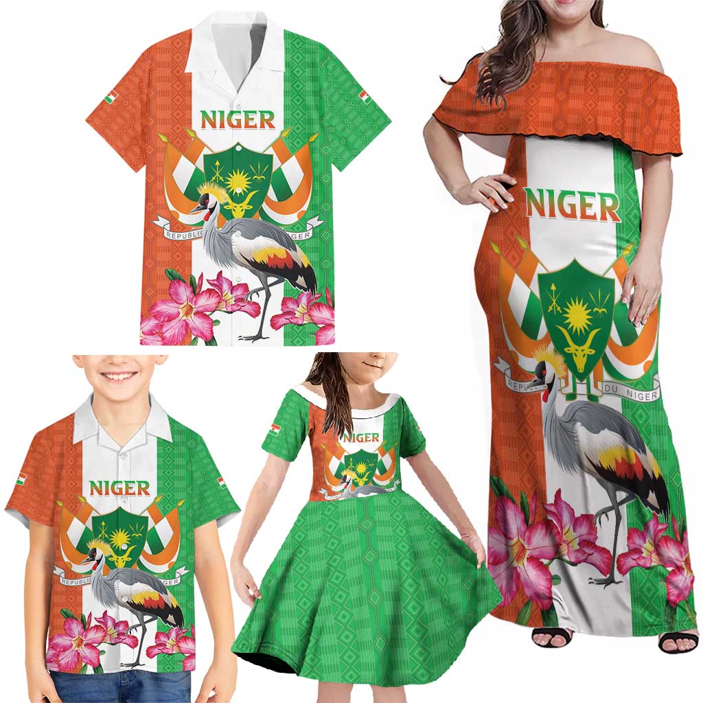 Niger Black-Crowned Crane Family Matching Off Shoulder Maxi Dress and Hawaiian Shirt Coat Of Arms - Kente Pattern - Wonder Print Shop