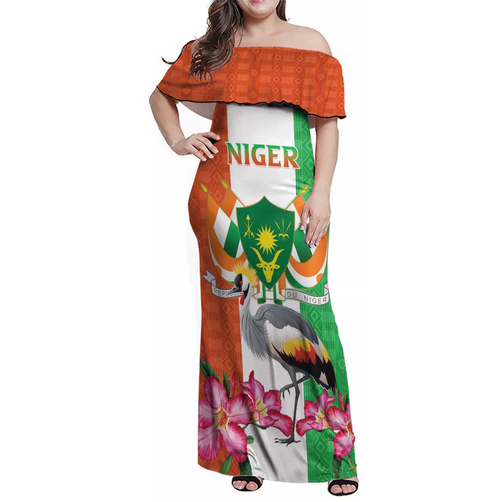 Niger Black-Crowned Crane Family Matching Off Shoulder Maxi Dress and Hawaiian Shirt Coat Of Arms - Kente Pattern - Wonder Print Shop