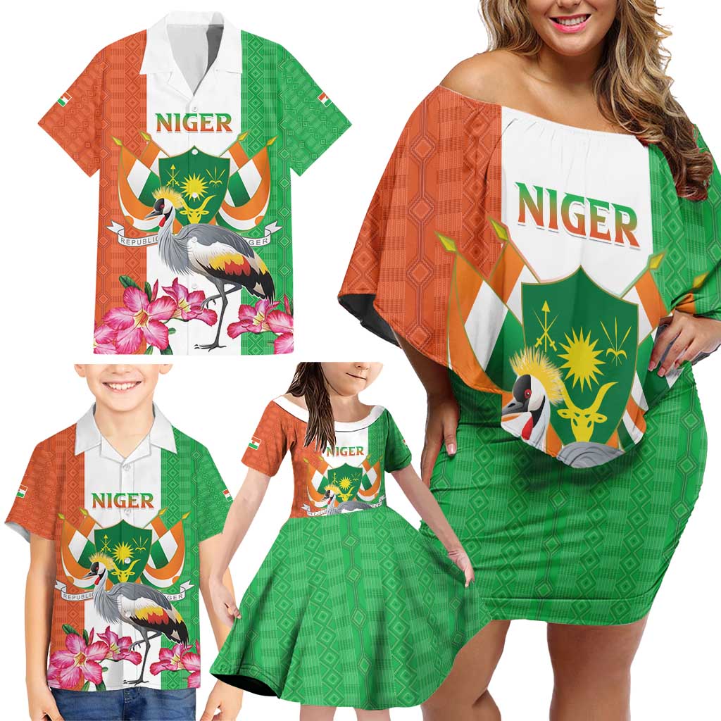 Niger Black-Crowned Crane Family Matching Off Shoulder Short Dress and Hawaiian Shirt Coat Of Arms - Kente Pattern - Wonder Print Shop