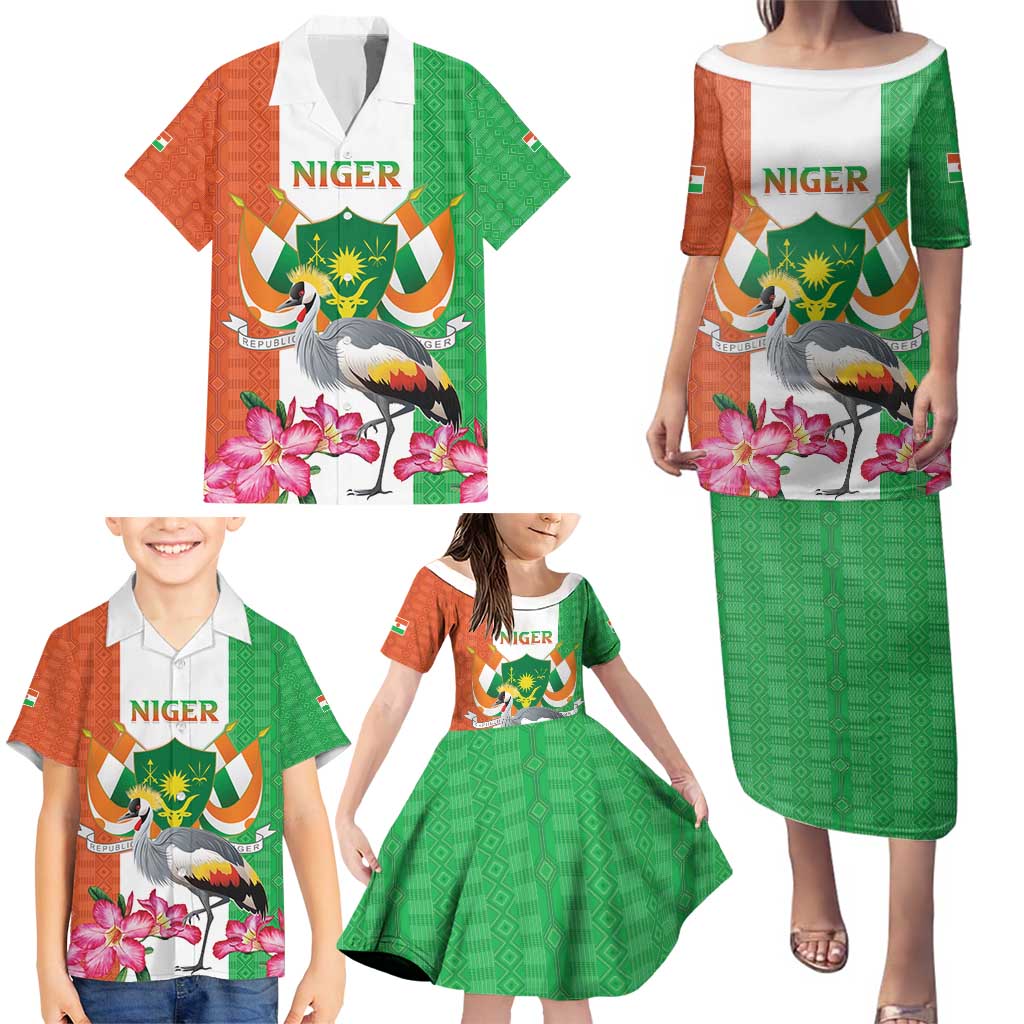 Niger Black-Crowned Crane Family Matching Puletasi and Hawaiian Shirt Coat Of Arms - Kente Pattern - Wonder Print Shop