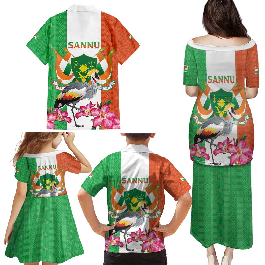 Niger Black-Crowned Crane Family Matching Puletasi and Hawaiian Shirt Coat Of Arms - Kente Pattern - Wonder Print Shop