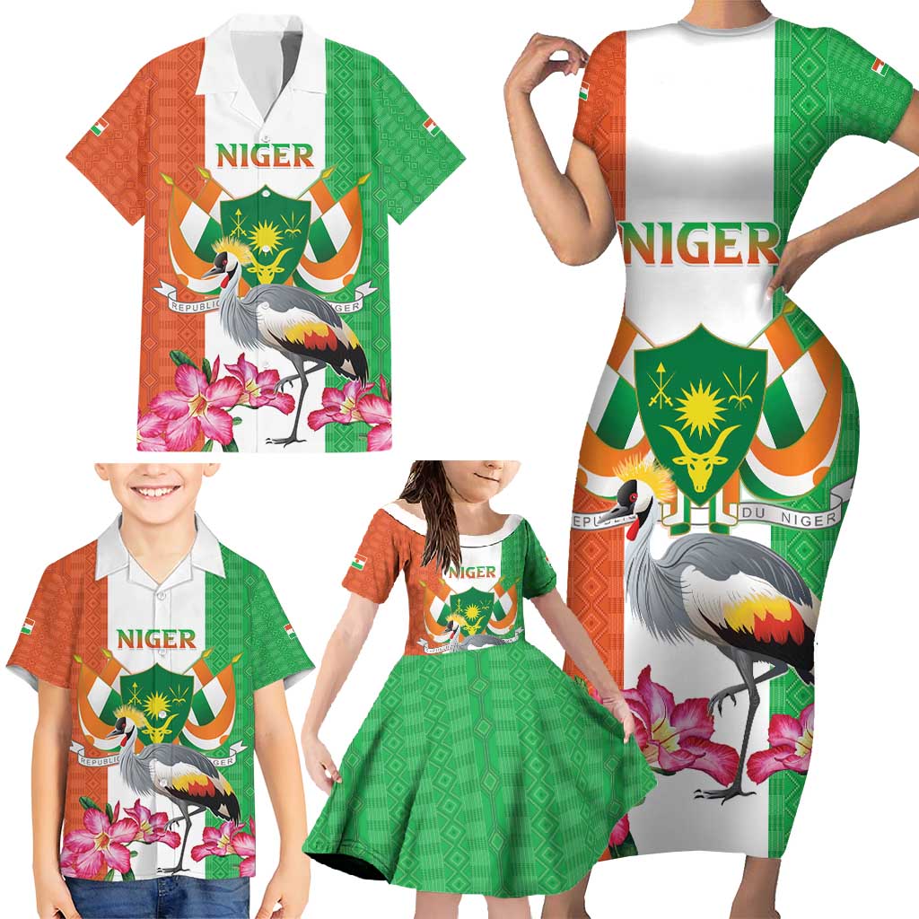 Niger Black-Crowned Crane Family Matching Short Sleeve Bodycon Dress and Hawaiian Shirt Coat Of Arms - Kente Pattern - Wonder Print Shop