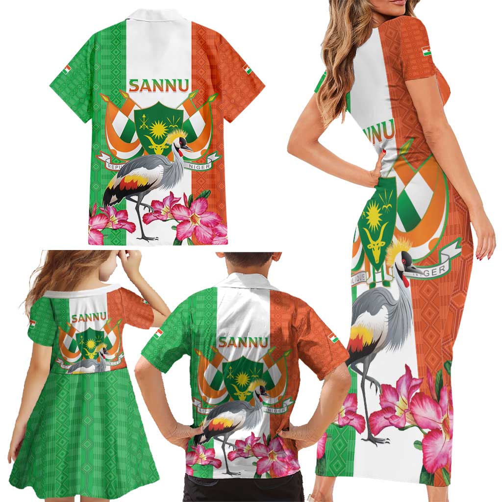 Niger Black-Crowned Crane Family Matching Short Sleeve Bodycon Dress and Hawaiian Shirt Coat Of Arms - Kente Pattern - Wonder Print Shop