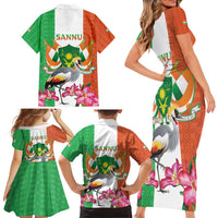 Niger Black-Crowned Crane Family Matching Short Sleeve Bodycon Dress and Hawaiian Shirt Coat Of Arms - Kente Pattern - Wonder Print Shop