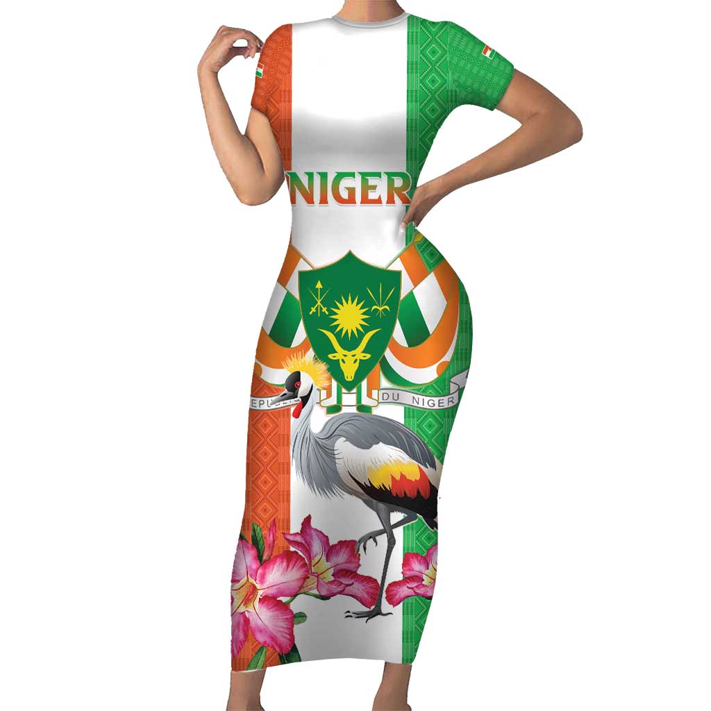 Niger Black-Crowned Crane Family Matching Short Sleeve Bodycon Dress and Hawaiian Shirt Coat Of Arms - Kente Pattern - Wonder Print Shop