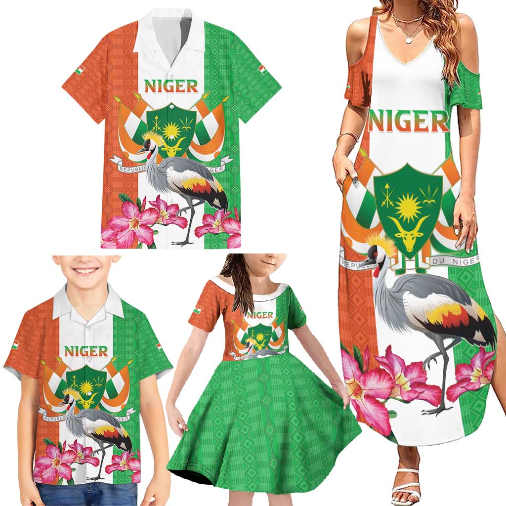 Niger Black-Crowned Crane Family Matching Summer Maxi Dress and Hawaiian Shirt Coat Of Arms - Kente Pattern - Wonder Print Shop