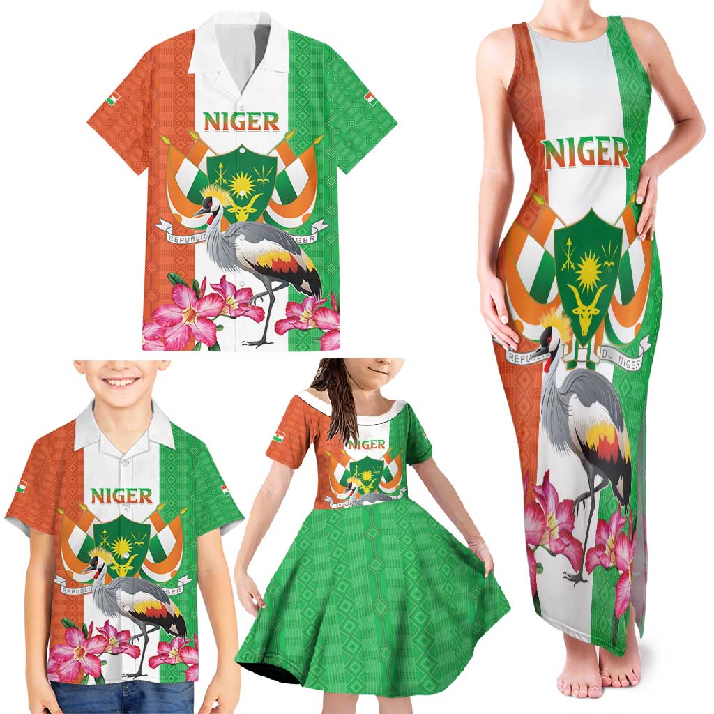 Niger Black-Crowned Crane Family Matching Tank Maxi Dress and Hawaiian Shirt Coat Of Arms - Kente Pattern - Wonder Print Shop