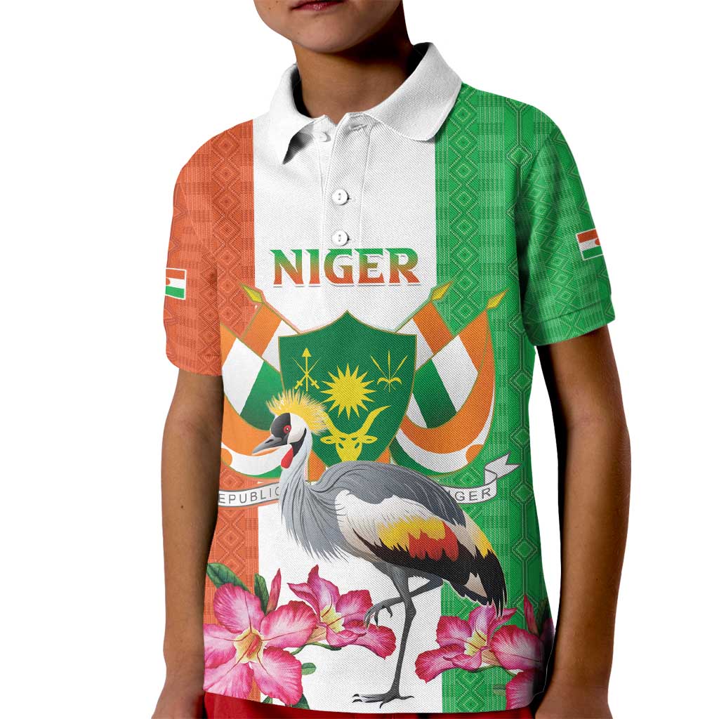 Niger Black-Crowned Crane Kid Polo Shirt Coat Of Arms - Kente Pattern - Wonder Print Shop