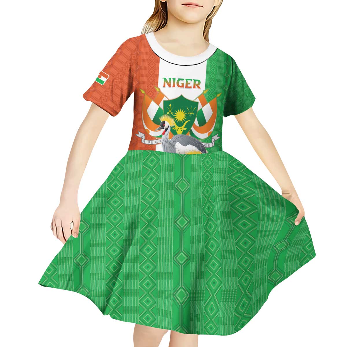 Niger Black-Crowned Crane Kid Short Sleeve Dress Coat Of Arms - Kente Pattern - Wonder Print Shop