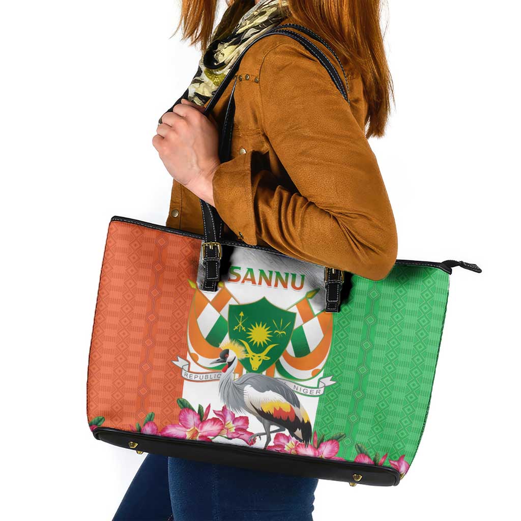 Niger Black-Crowned Crane Leather Tote Bag Coat Of Arms - Kente Pattern - Wonder Print Shop