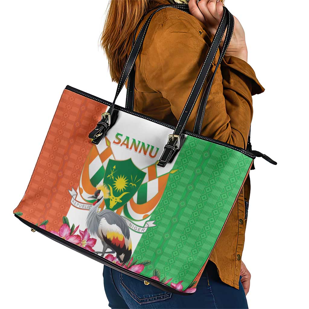 Niger Black-Crowned Crane Leather Tote Bag Coat Of Arms - Kente Pattern - Wonder Print Shop