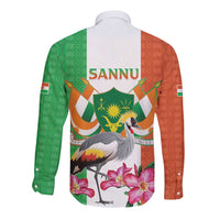 Niger Black-Crowned Crane Long Sleeve Button Shirt Coat Of Arms - Kente Pattern - Wonder Print Shop