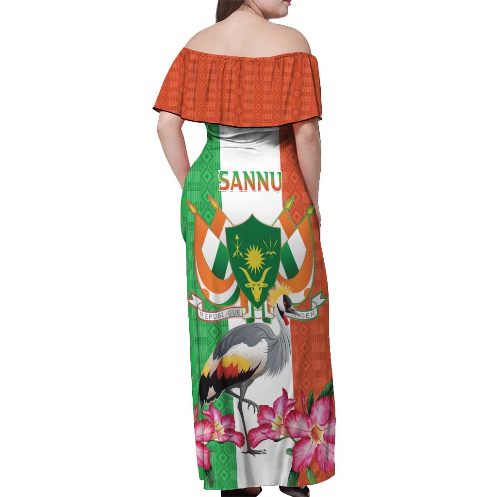 Niger Black-Crowned Crane Off Shoulder Maxi Dress Coat Of Arms - Kente Pattern - Wonder Print Shop