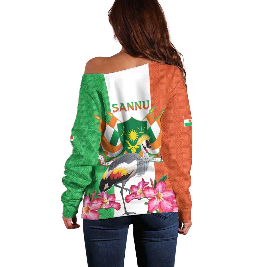 Niger Black-Crowned Crane Off Shoulder Sweater Coat Of Arms - Kente Pattern - Wonder Print Shop