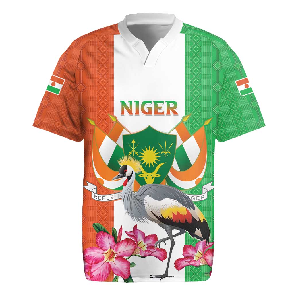 Niger Black-Crowned Crane Rugby Jersey Coat Of Arms - Kente Pattern - Wonder Print Shop