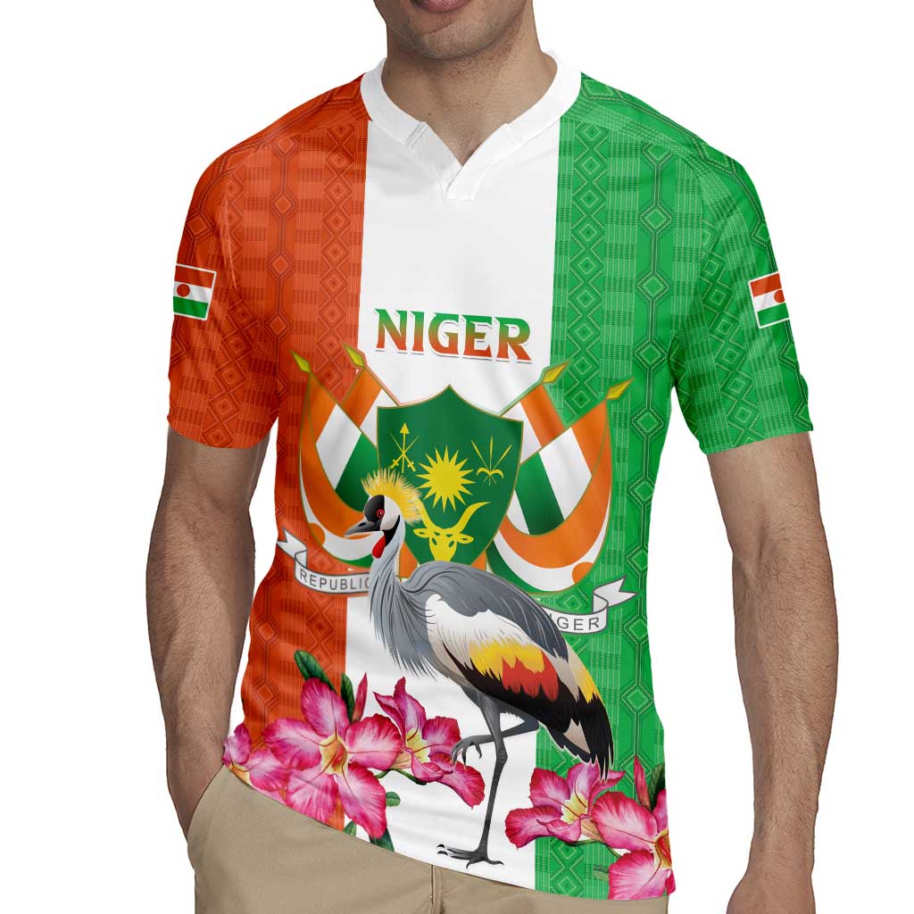 Niger Black-Crowned Crane Rugby Jersey Coat Of Arms - Kente Pattern - Wonder Print Shop