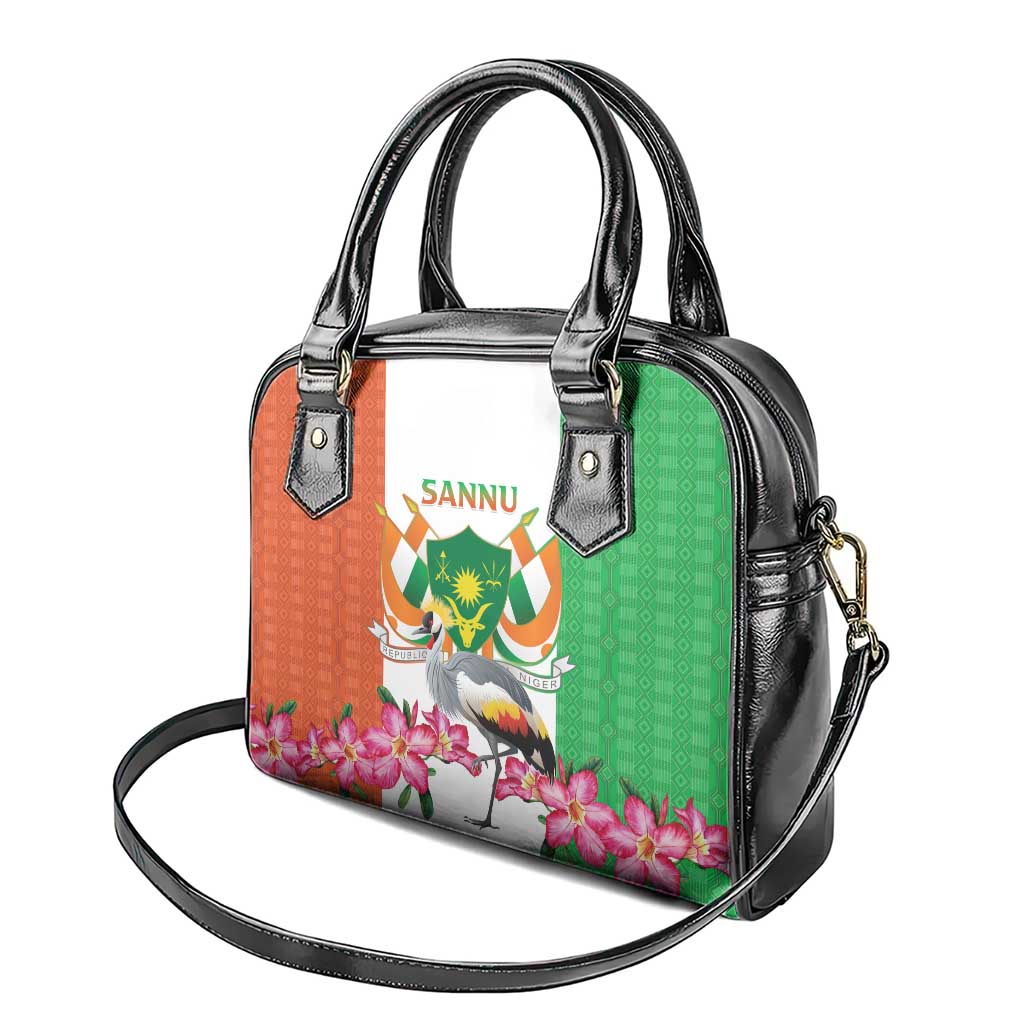 Niger Black-Crowned Crane Shoulder Handbag Coat Of Arms - Kente Pattern