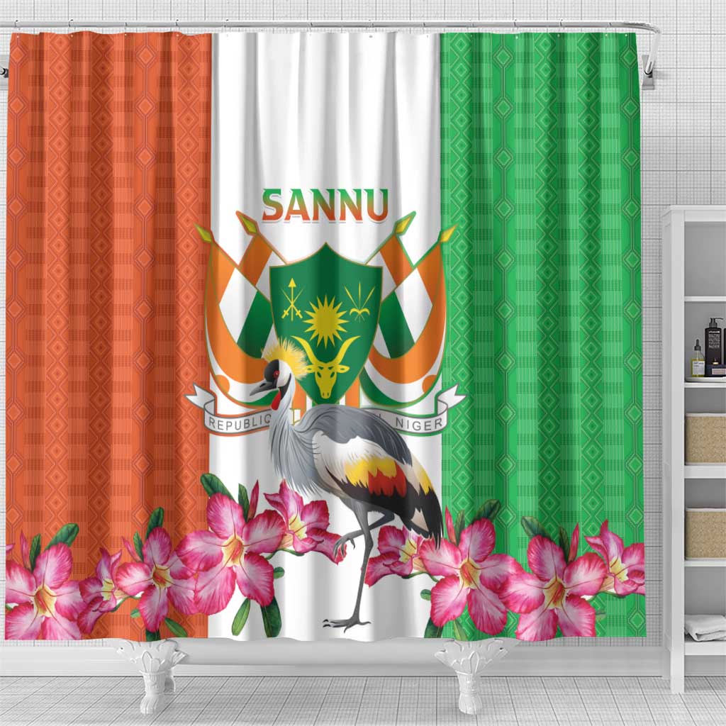 Niger Black-Crowned Crane Shower Curtain Coat Of Arms - Kente Pattern