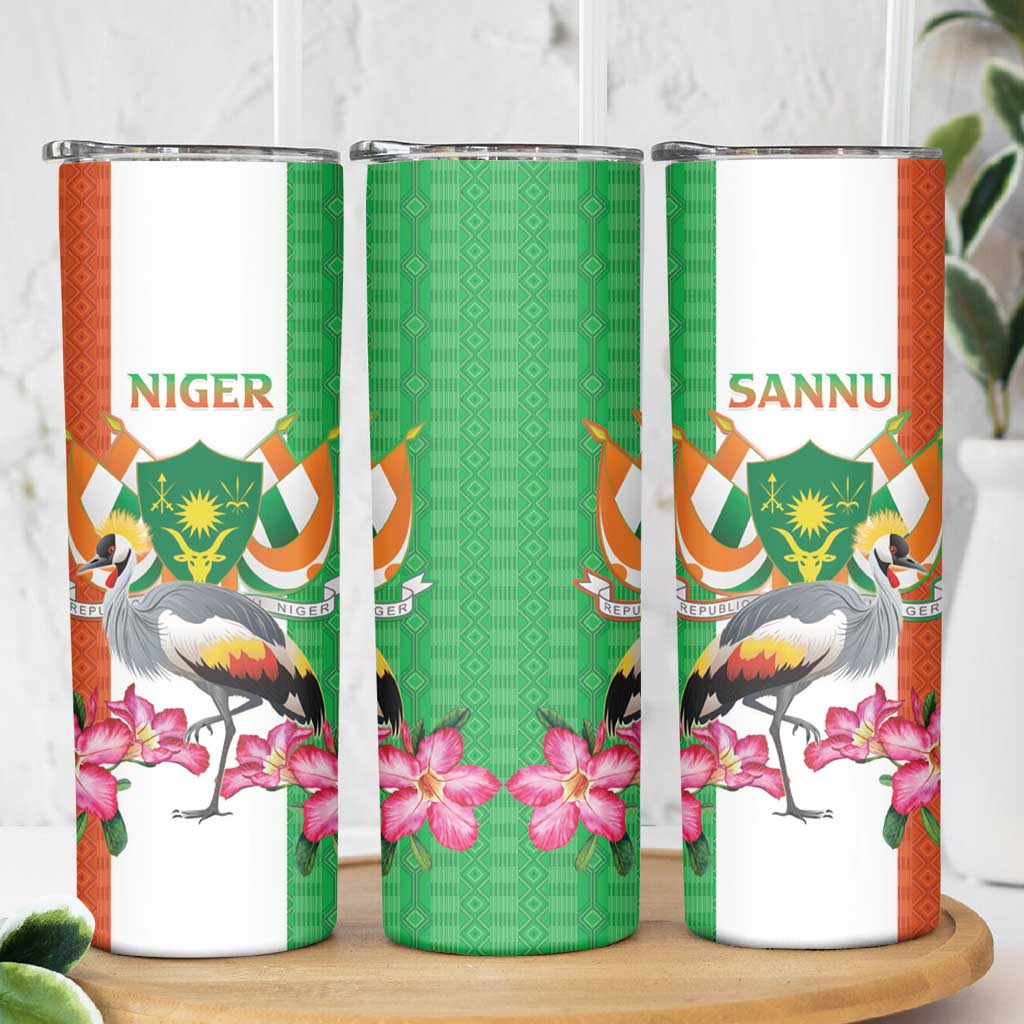 Niger Black-Crowned Crane Skinny Tumbler Coat Of Arms - Kente Pattern - Wonder Print Shop