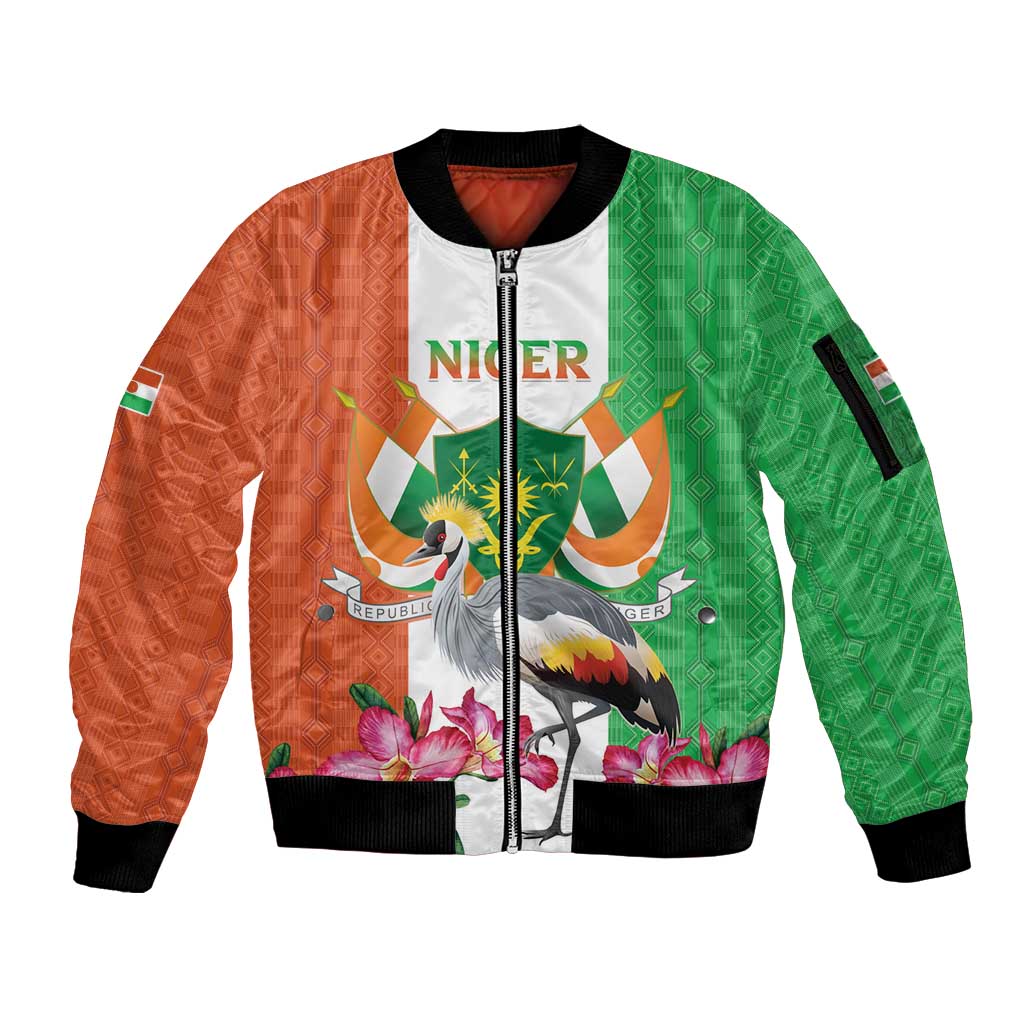 Niger Black-Crowned Crane Sleeve Zip Bomber Jacket Coat Of Arms - Kente Pattern - Wonder Print Shop