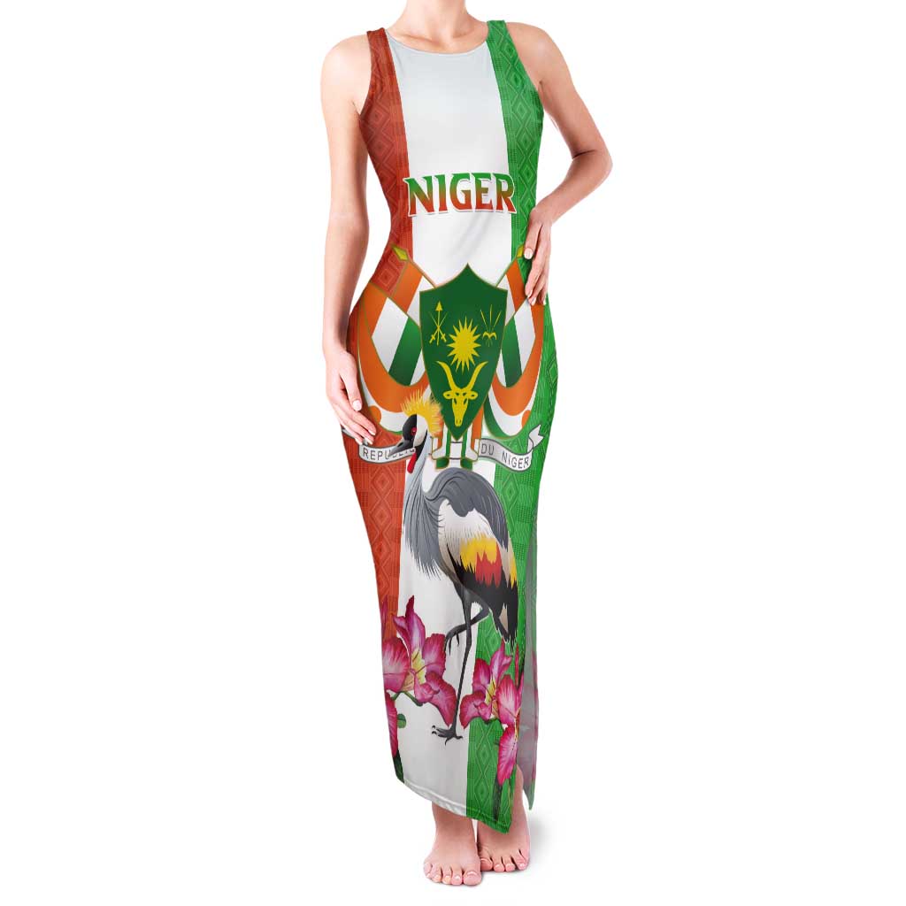 Niger Black-Crowned Crane Tank Maxi Dress Coat Of Arms - Kente Pattern - Wonder Print Shop