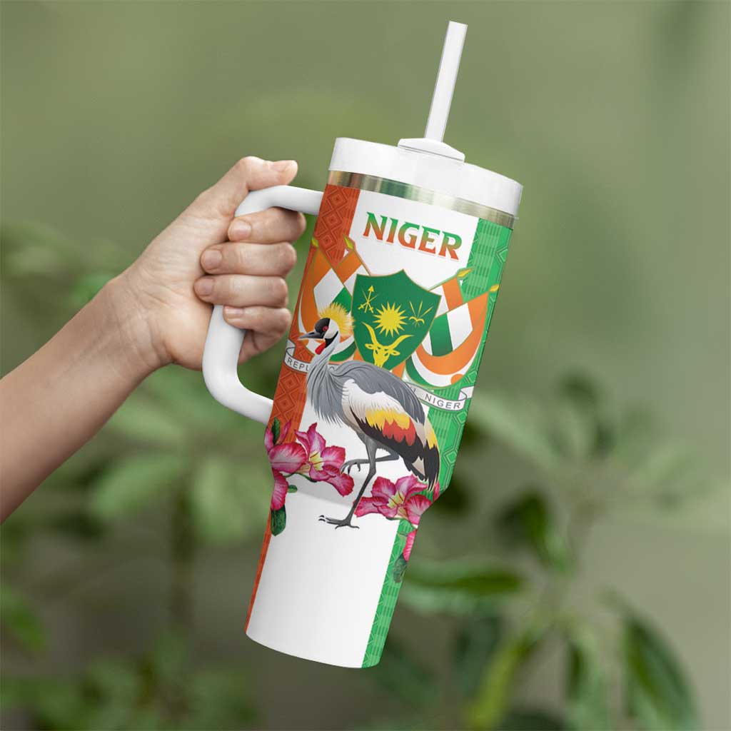 Niger Black-Crowned Crane Tumbler With Handle Coat Of Arms - Kente Pattern - Wonder Print Shop