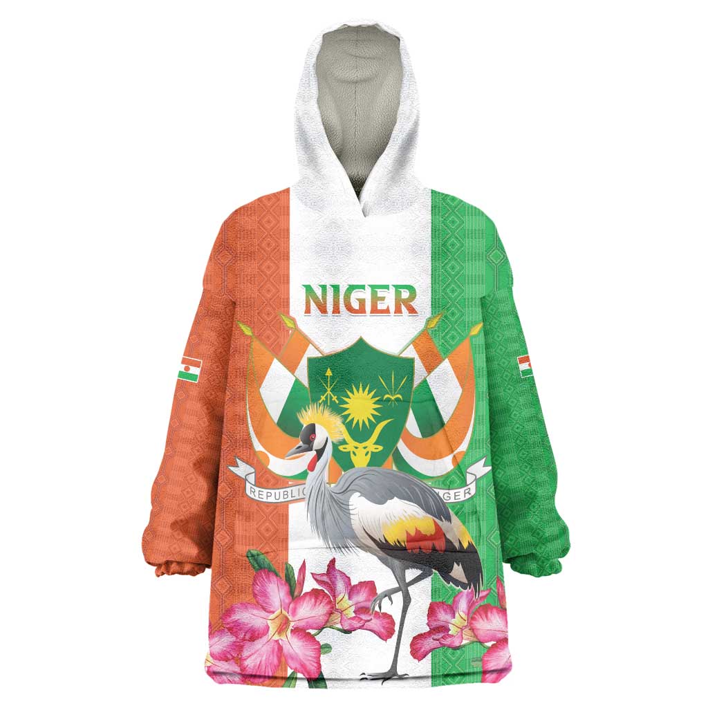 Niger Black-Crowned Crane Wearable Blanket Hoodie Coat Of Arms - Kente Pattern - Wonder Print Shop