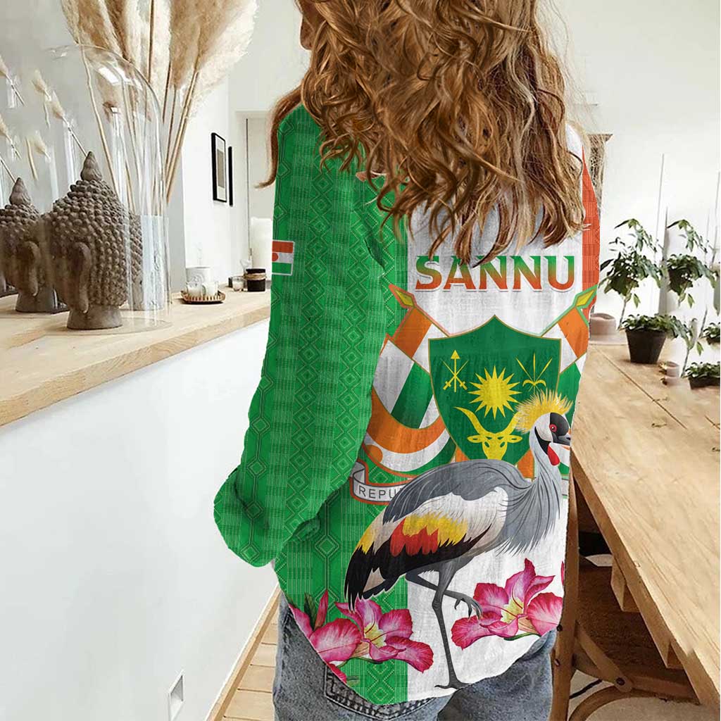 Niger Black-Crowned Crane Women Casual Shirt Coat Of Arms - Kente Pattern - Wonder Print Shop