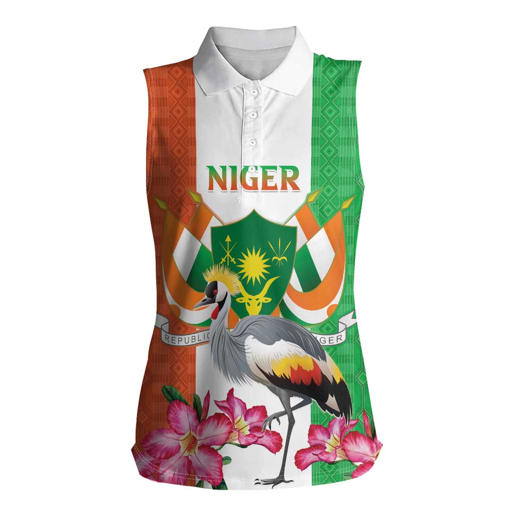 Niger Black-Crowned Crane Women Sleeveless Polo Shirt Coat Of Arms - Kente Pattern - Wonder Print Shop