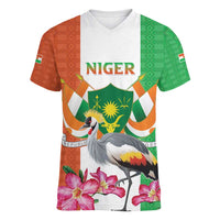 Niger Black-Crowned Crane Women V-Neck T-Shirt Coat Of Arms - Kente Pattern - Wonder Print Shop
