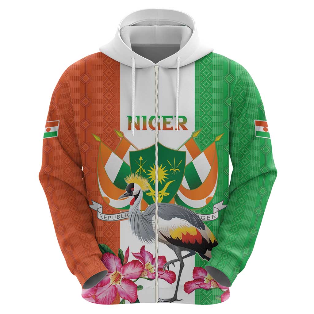 Niger Black-Crowned Crane Zip Hoodie Coat Of Arms - Kente Pattern - Wonder Print Shop