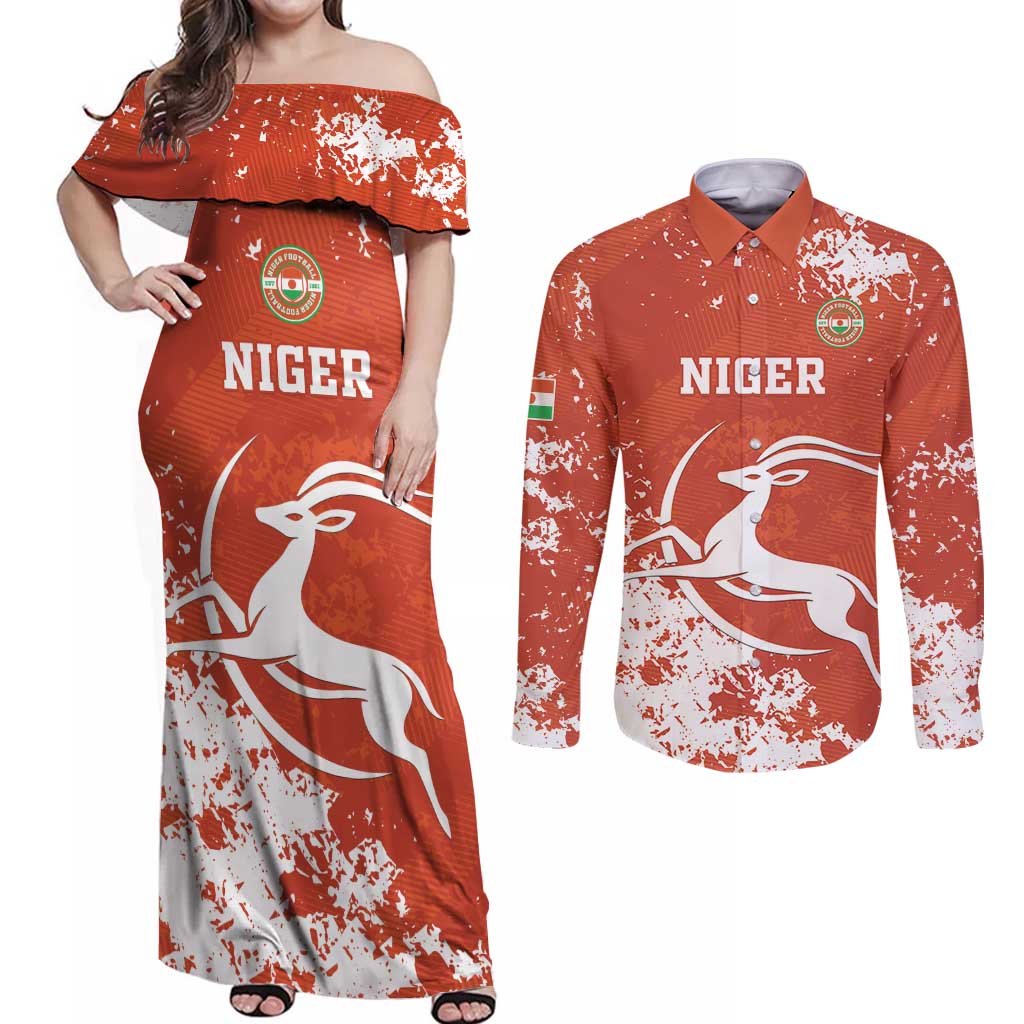 Custom Niger Football Couples Matching Off Shoulder Maxi Dress and Long Sleeve Button Shirt Go Menas - Wonder Print Shop