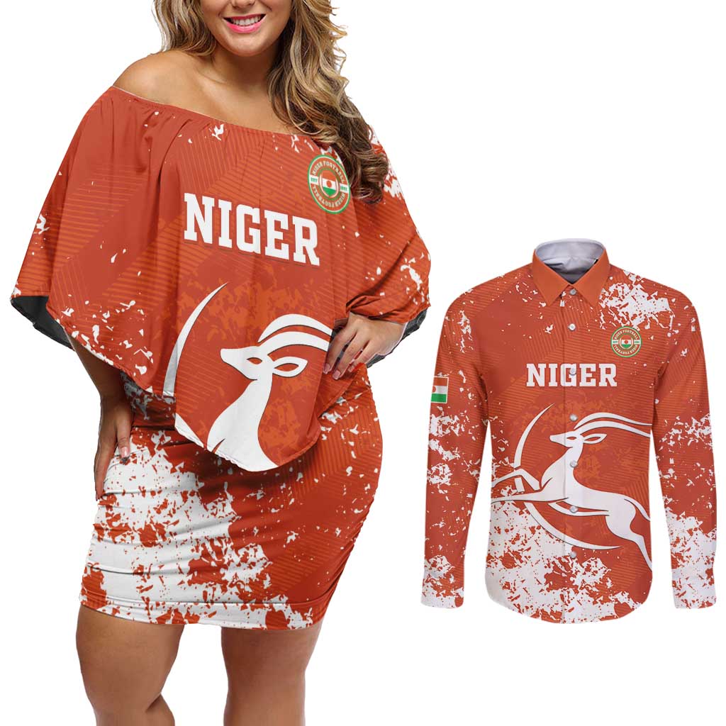 Custom Niger Football Couples Matching Off Shoulder Short Dress and Long Sleeve Button Shirt Go Menas - Wonder Print Shop
