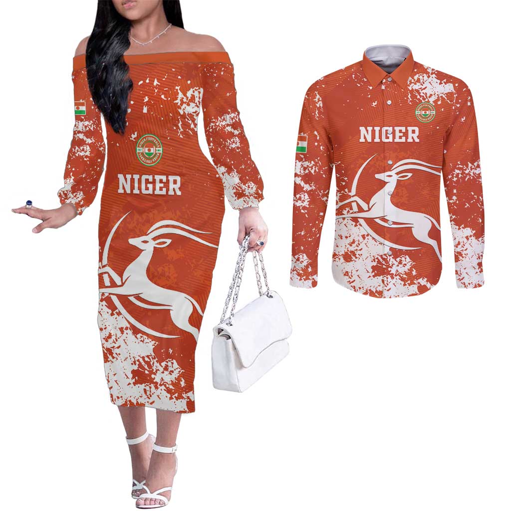 Custom Niger Football Couples Matching Off The Shoulder Long Sleeve Dress and Long Sleeve Button Shirt Go Menas