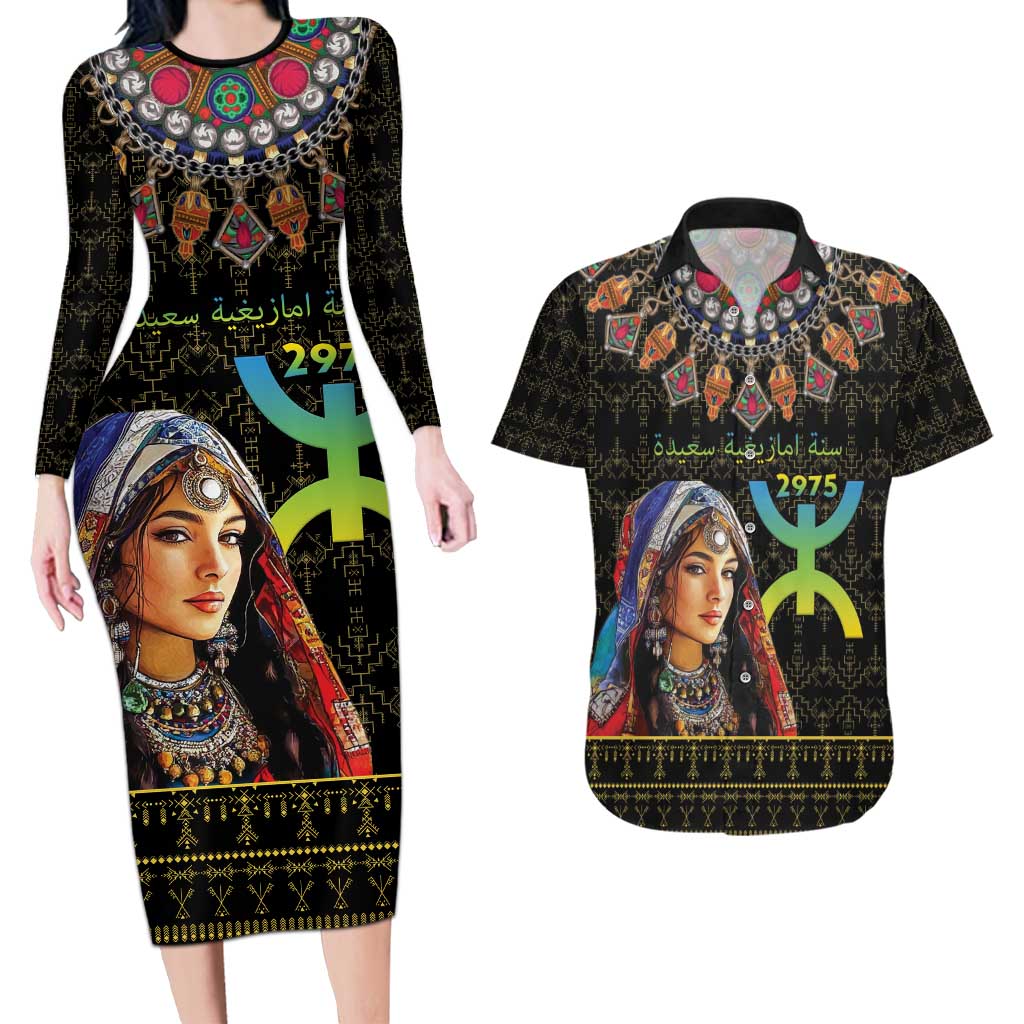 Happy Amazigh New Year Couples Matching Long Sleeve Bodycon Dress and Hawaiian Shirt With Women Amazigh - Berber Pattern - Wonder Print Shop