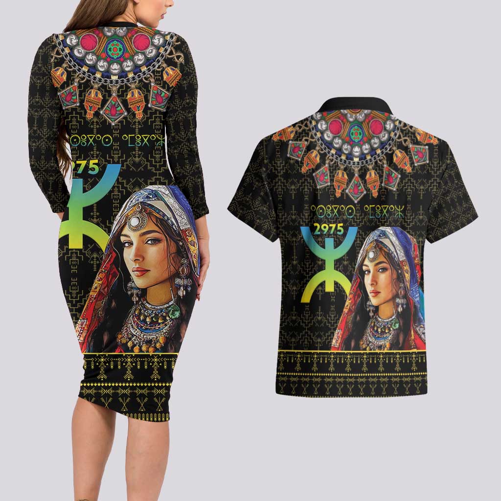 Happy Amazigh New Year Couples Matching Long Sleeve Bodycon Dress and Hawaiian Shirt With Women Amazigh - Berber Pattern - Wonder Print Shop