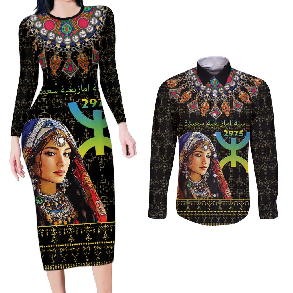 Happy Amazigh New Year Couples Matching Long Sleeve Bodycon Dress and Long Sleeve Button Shirt With Women Amazigh - Berber Pattern - Wonder Print Shop