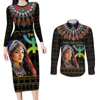 Happy Amazigh New Year Couples Matching Long Sleeve Bodycon Dress and Long Sleeve Button Shirt With Women Amazigh - Berber Pattern - Wonder Print Shop