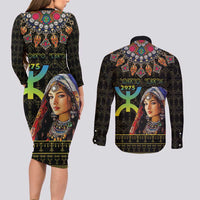 Happy Amazigh New Year Couples Matching Long Sleeve Bodycon Dress and Long Sleeve Button Shirt With Women Amazigh - Berber Pattern - Wonder Print Shop