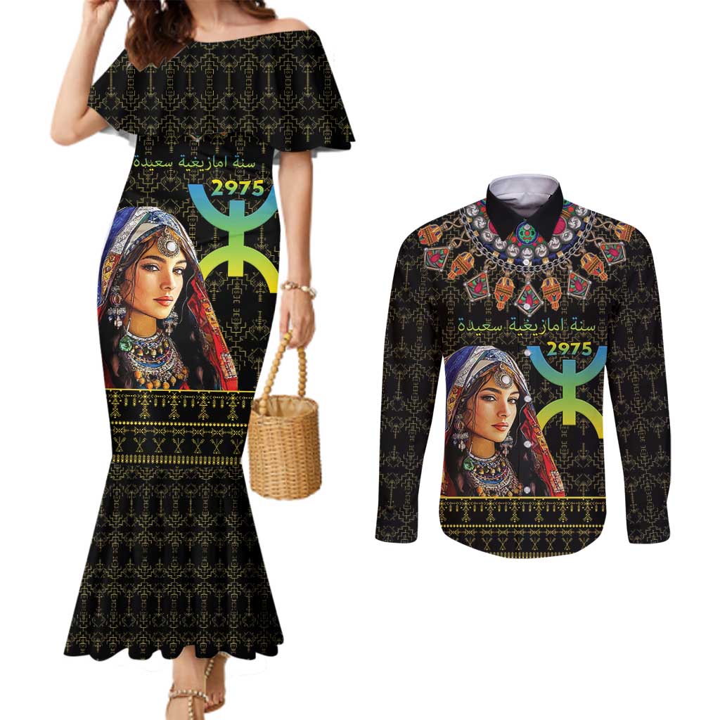 Happy Amazigh New Year Couples Matching Mermaid Dress and Long Sleeve Button Shirt With Women Amazigh - Berber Pattern