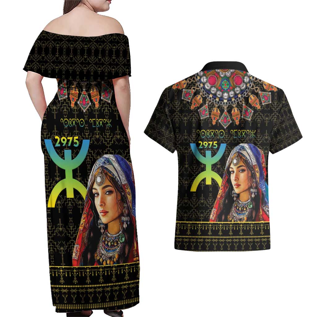 Happy Amazigh New Year Couples Matching Off Shoulder Maxi Dress and Hawaiian Shirt With Women Amazigh - Berber Pattern - Wonder Print Shop