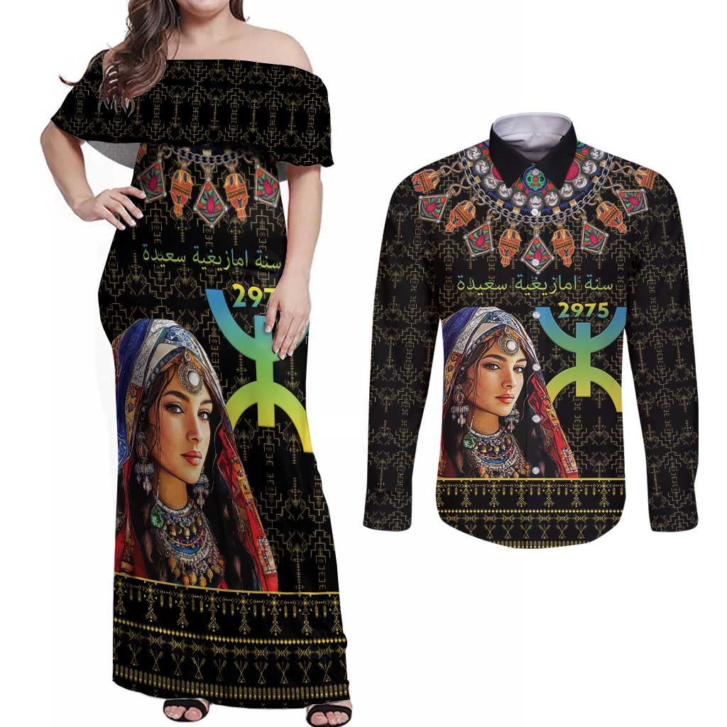 Happy Amazigh New Year Couples Matching Off Shoulder Maxi Dress and Long Sleeve Button Shirt With Women Amazigh - Berber Pattern - Wonder Print Shop